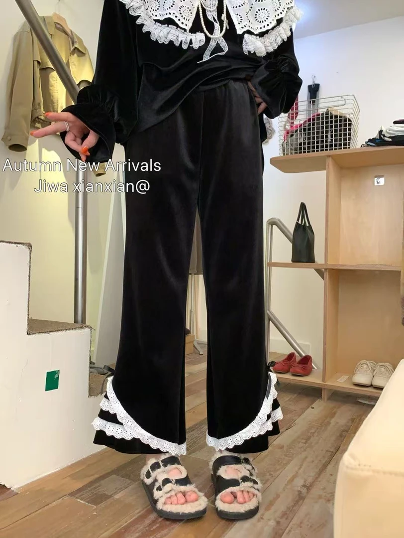 【纯熙+】19800秋冬新款百搭加绒蕾丝花边丝绒裤女