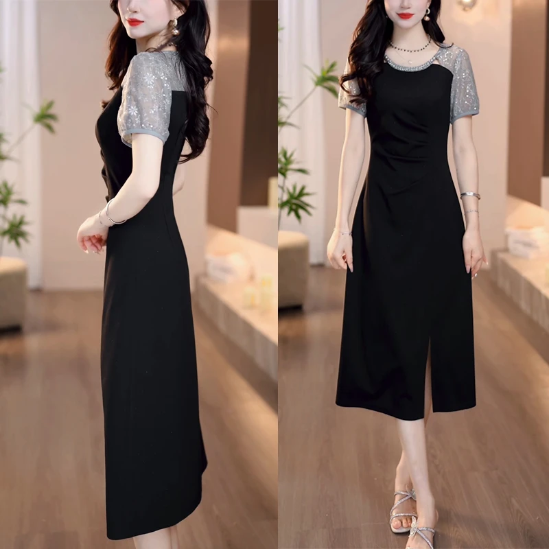 夏季新款减龄收腰显瘦中长款开叉裙子法式气质假两件短袖连衣裙女