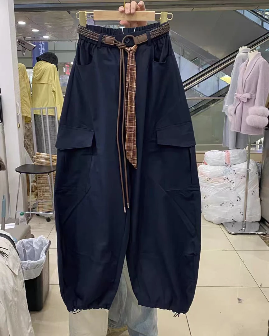 6129-AQ黑色松紧裤脚拉绳工装裤