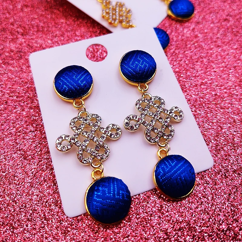 合金锆石耳饰 蒙古元素耳坠女布艺吉祥结满钻民族风小众长款耳环