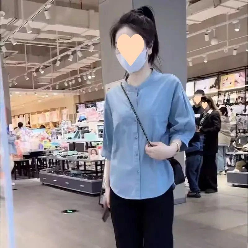 2025夏季休闲新款中袖衬衣洋气减龄宽松显瘦百搭纯色衬衫上衣