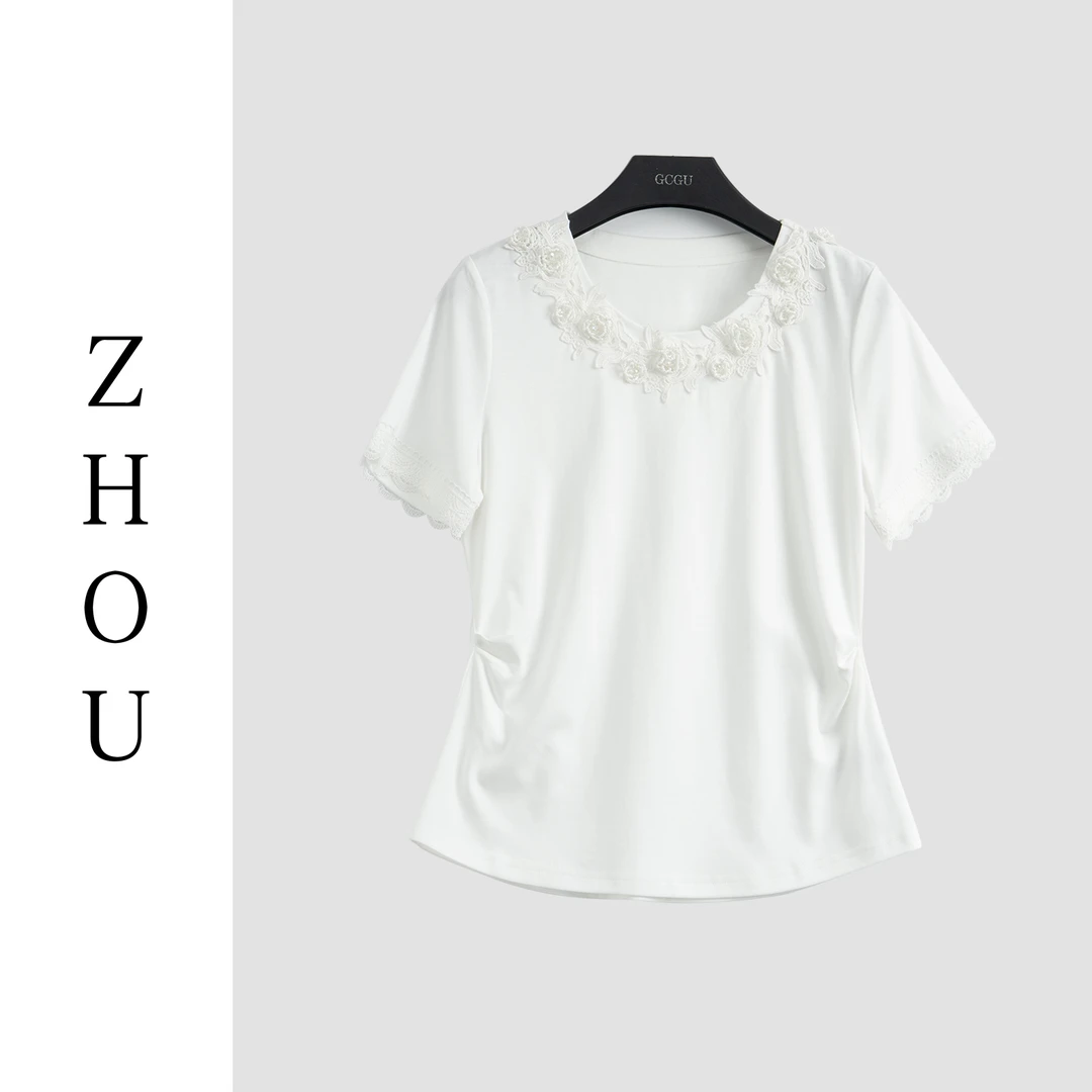 白色重工立体花朵装饰短袖上衣-21411