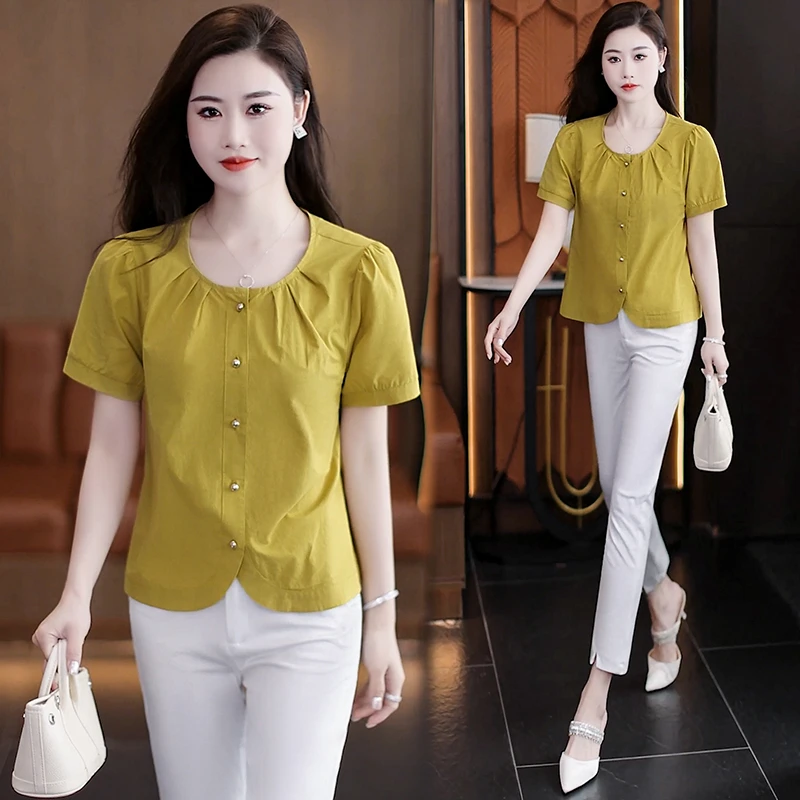 时尚休闲短袖衬衫女2025夏季新款洋气减龄百搭显瘦宽松泡泡袖衬衣