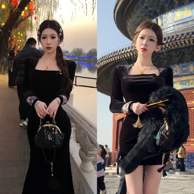 小雨姐姐【墨染鱼尾】新中式国风刺绣丝绒方领收腰鱼尾连衣裙女冬款