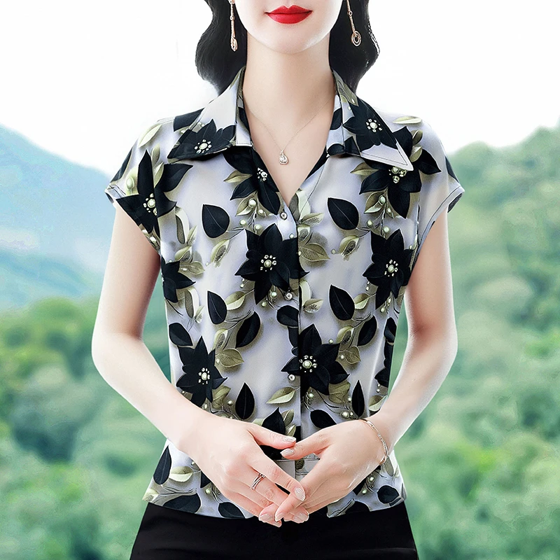 时髦印花雪纺衬衫女短袖2025夏季新款气质减龄小衫轻奢高级感上衣