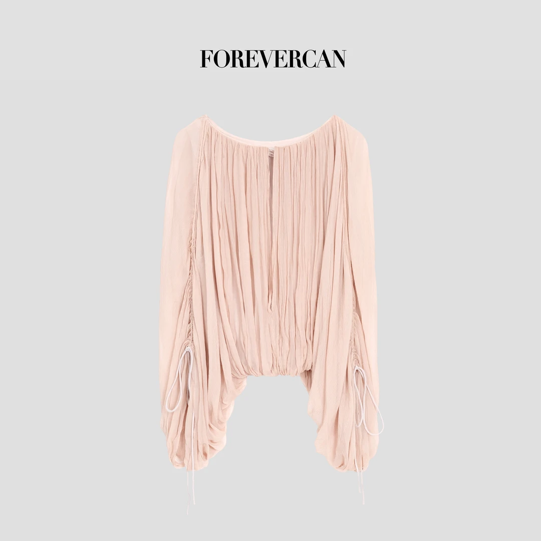 FOREVERC“粉雾欧蕾”立体剪裁裸粉色竖条拉丝肌理感上衣ST56914