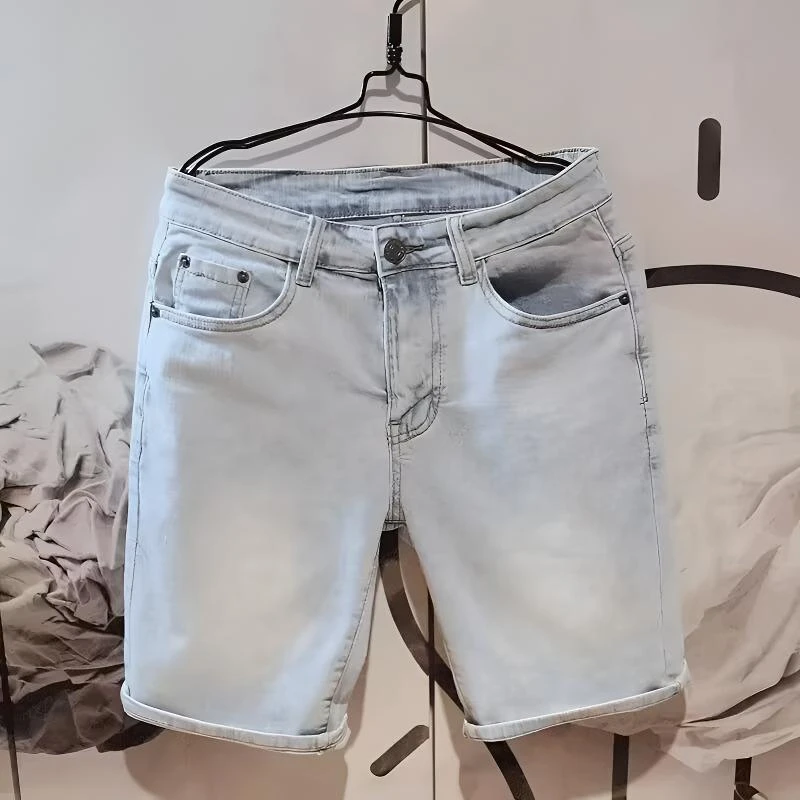 HTKD日系韩版男士直筒牛仔5五分短裤潮流ins浅蓝色小直脚中裤时尚