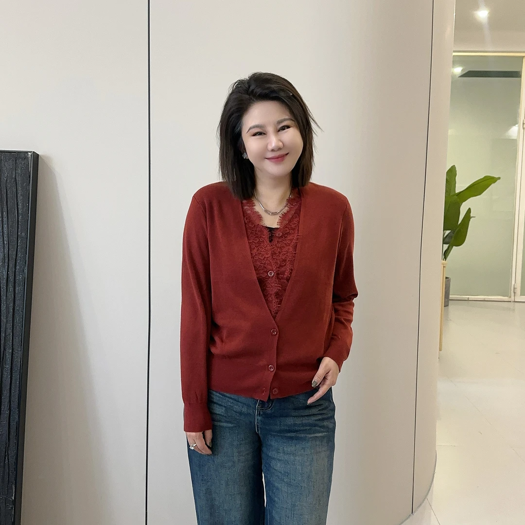 微胖女装【花田蕾丝】蕾丝拼接假两件毛衣开衫秋冬加厚上衣99308