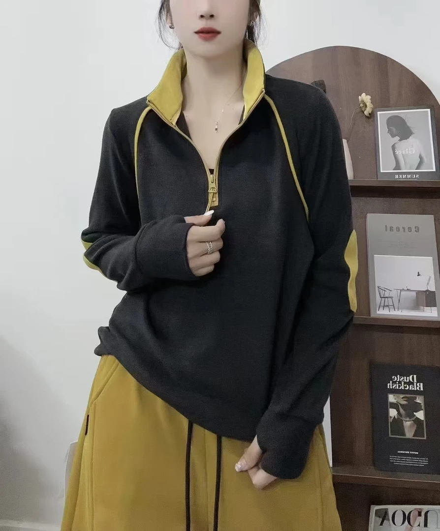 时尚百搭显瘦双面德绒半拉链长袖上衣