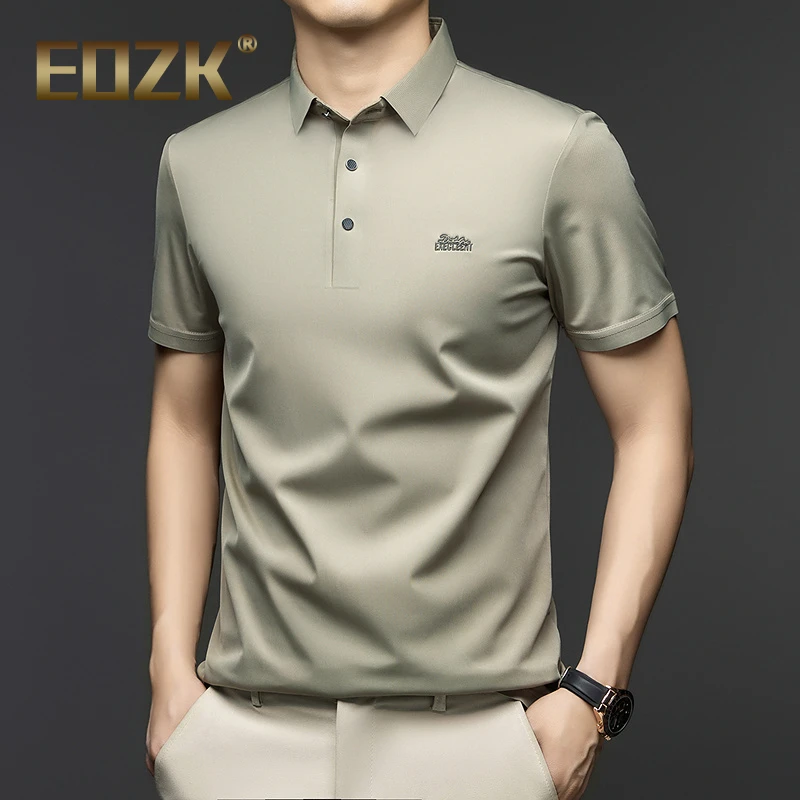 Eozk夏季短袖Polo衫男士无痕翻领T恤中青年冰丝薄款透气半袖男装