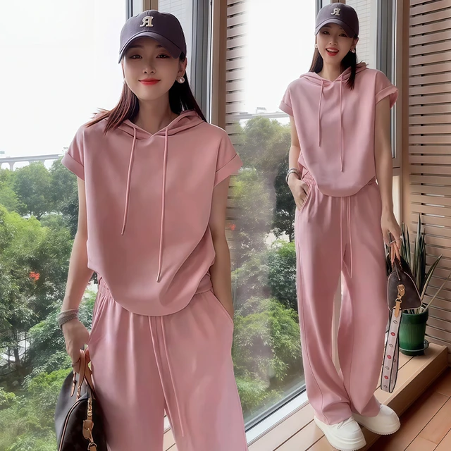 高含棉休闲套装女2025年夏季新款宽松气质连帽短袖阔腿裤两件套潮