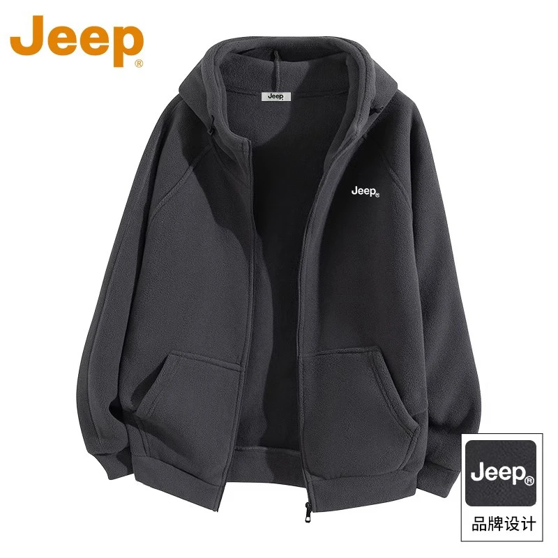 JEEP吉普连帽开衫刺绣卫衣男秋冬新款双面摇粒绒男士夹克外套上衣