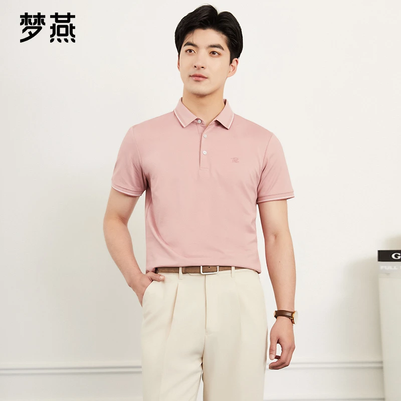 梦燕夏季男款时尚百搭翻领短袖商务休闲宽松舒适纯色T恤YA15B5022