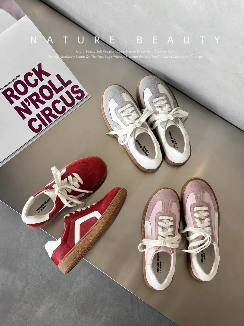 自然卷春季新款德训鞋女复古拼接平底休闲板鞋舒适轻便阿甘小白鞋