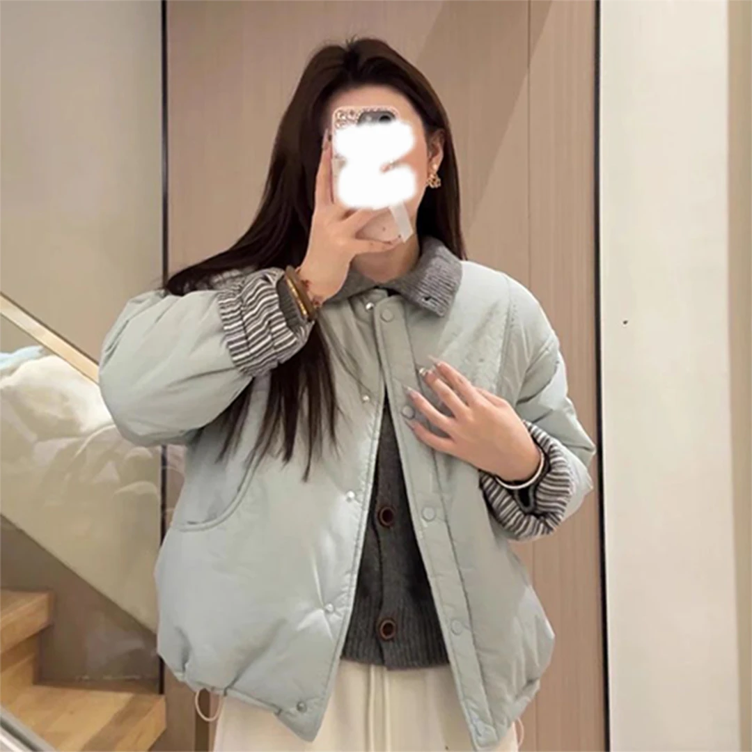 蓝色韩系百搭保暖夹棉外套女潮流秋冬新款休闲宽松圆领撞色袖棉服