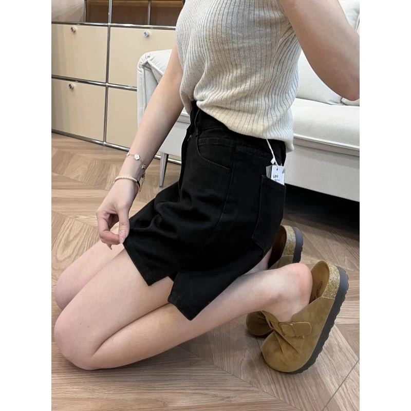 高腰黑色牛仔短裤女夏季大码胖妹妹宽松阔腿遮肚显瘦开叉a字热裤