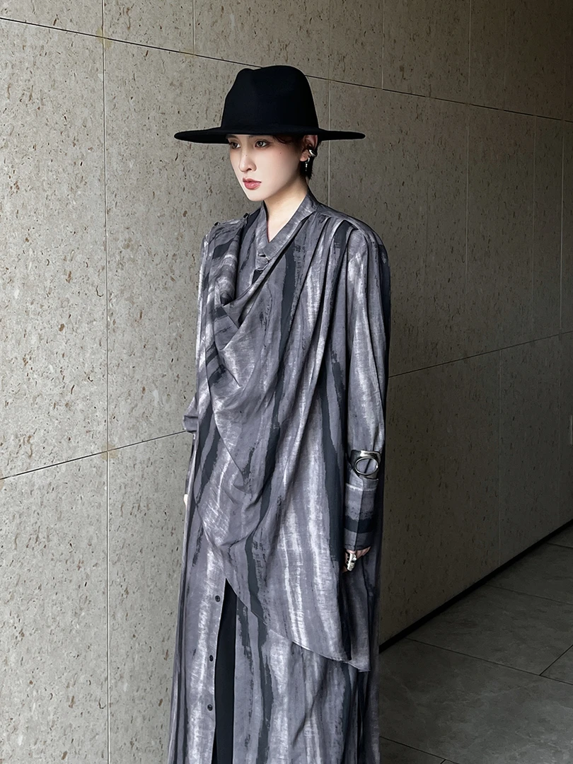 设计款不规则扎染长袖衬衫新中式长款过膝衬衣山本宽松百搭长衫潮