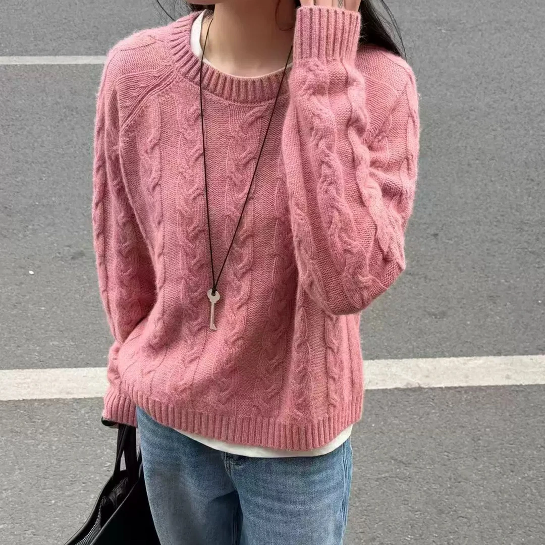 2025秋冬新款韩版宽松慵懒风圆领套头毛衣女百搭针织衫上衣