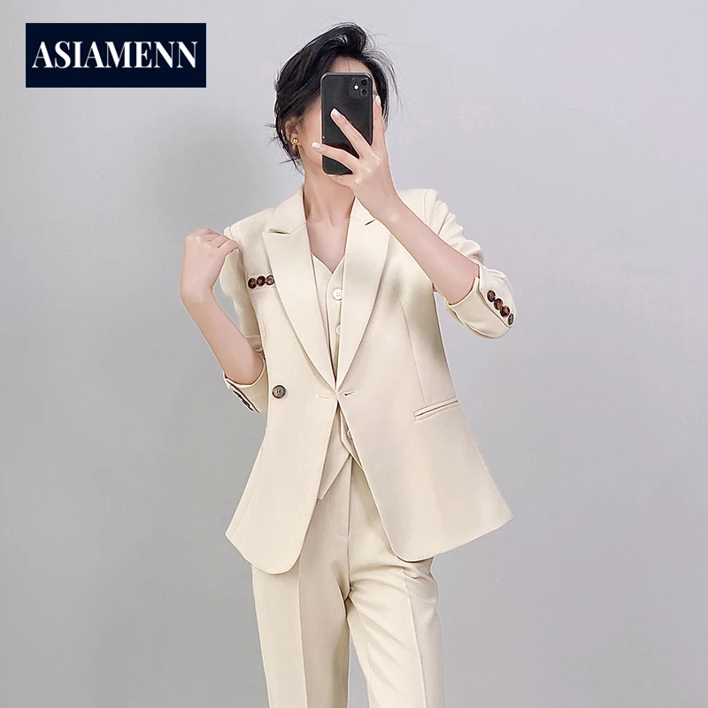杏色西装套装女2025春秋新款女神范职业西服酒店经理长袖西装马甲