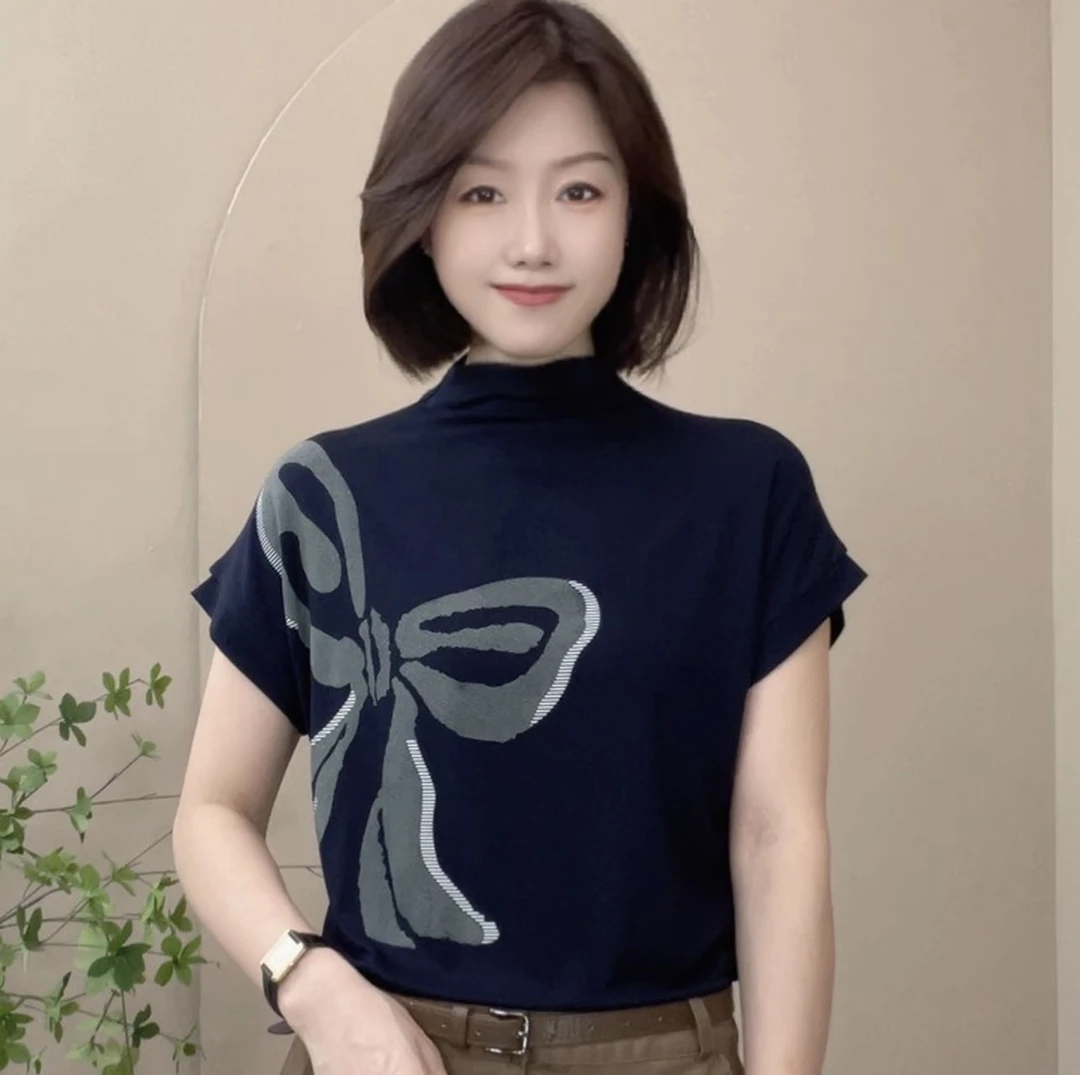 6080夏季新款半高领短袖T恤休闲遮肚时尚百搭印花上衣减龄显瘦