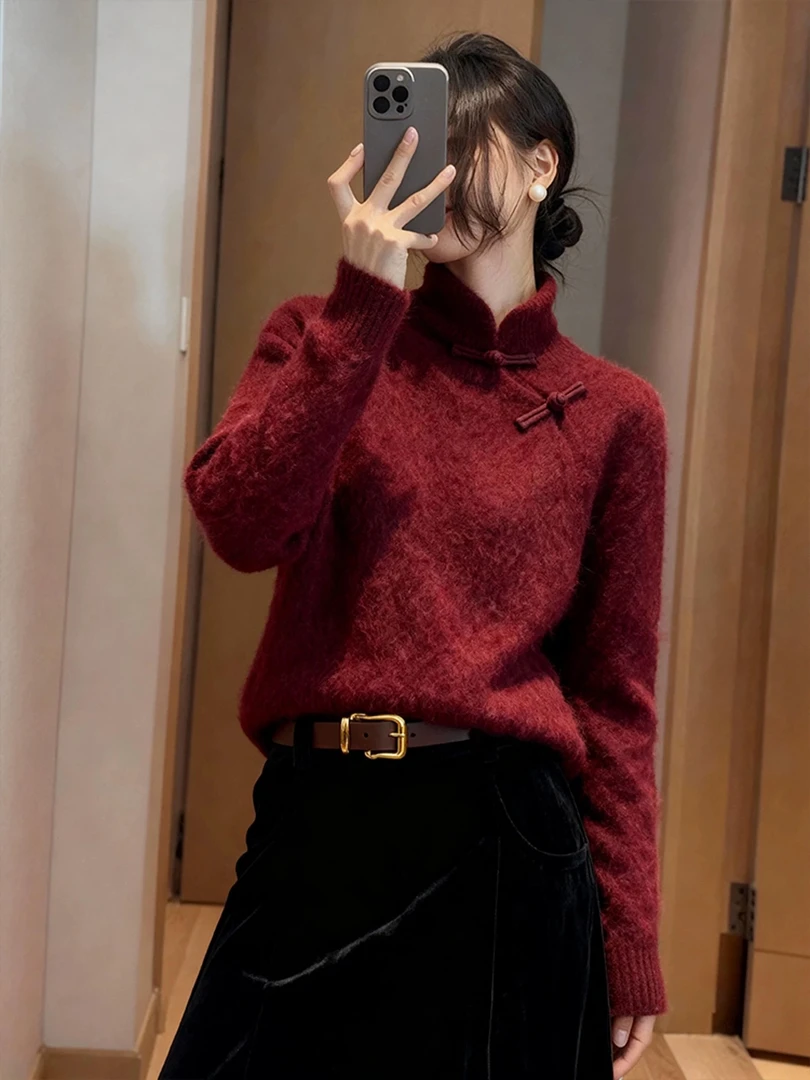 Y78新中式国风红色盘扣毛衣巨好看的重要场合漂亮气质套装25秋