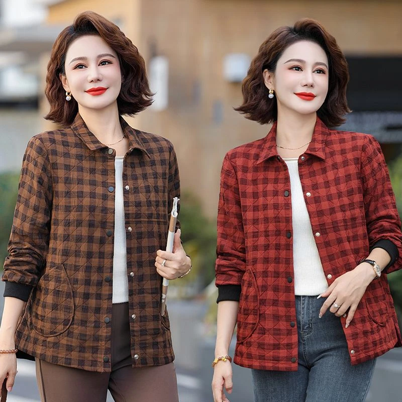 中老年女装春秋季格子衬衫领外套中年新款妈妈装薄款休闲大码上衣