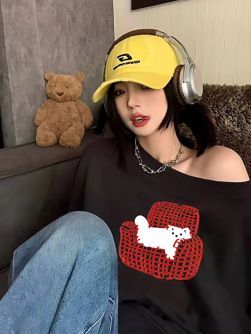 2025早秋季新款美式斜肩长袖卫衣女士辣妹风韩版宽松休闲黑色上衣