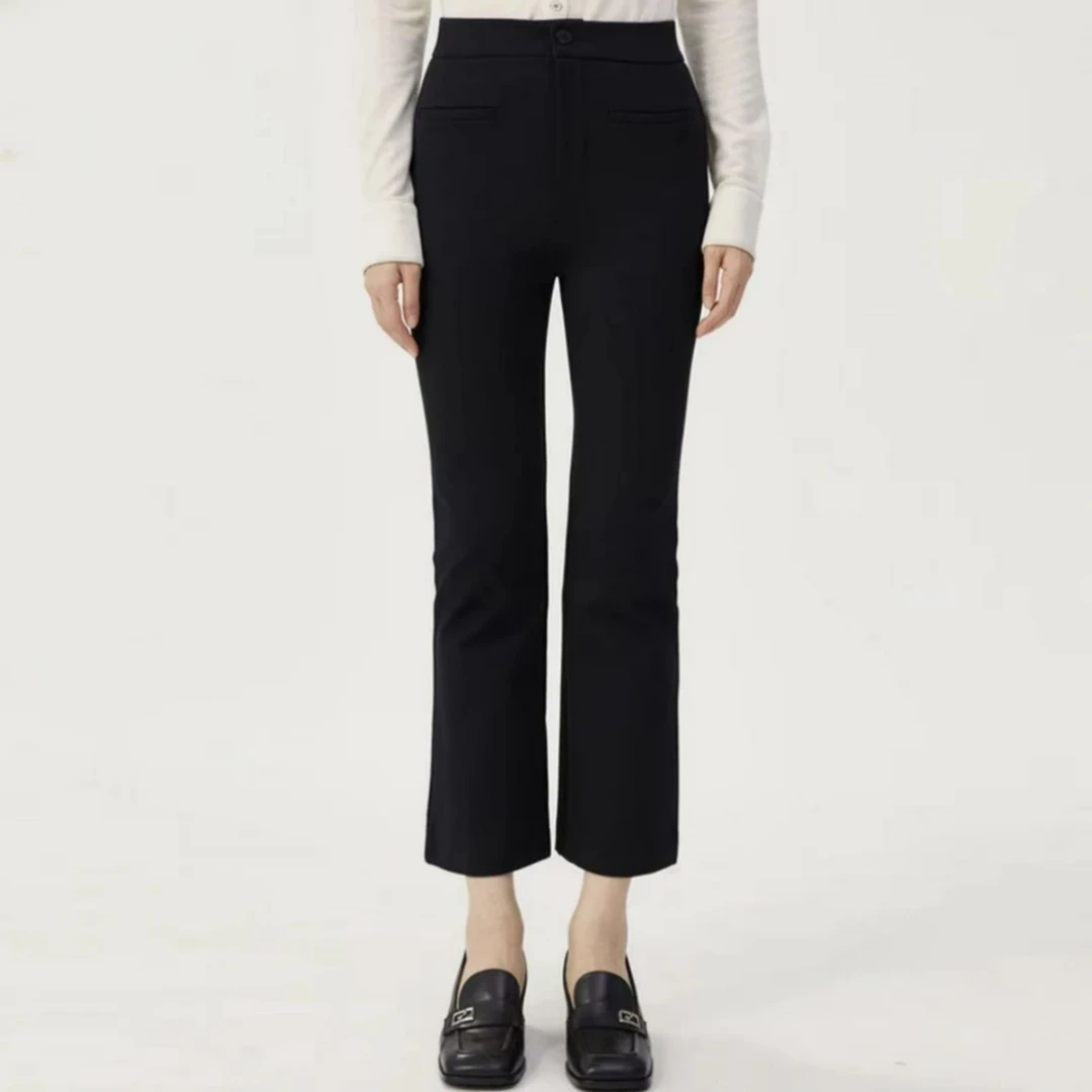 AMASS/阿玛施秋冬加绒黑色四面弹休闲弹力复古高腰微喇裤5100390