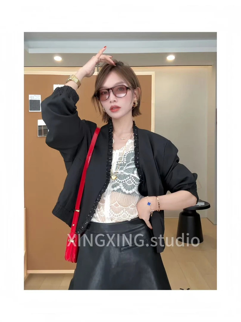 X.x.韩系木耳边V领设计短外套女秋季新款小个子减龄显瘦夹克304