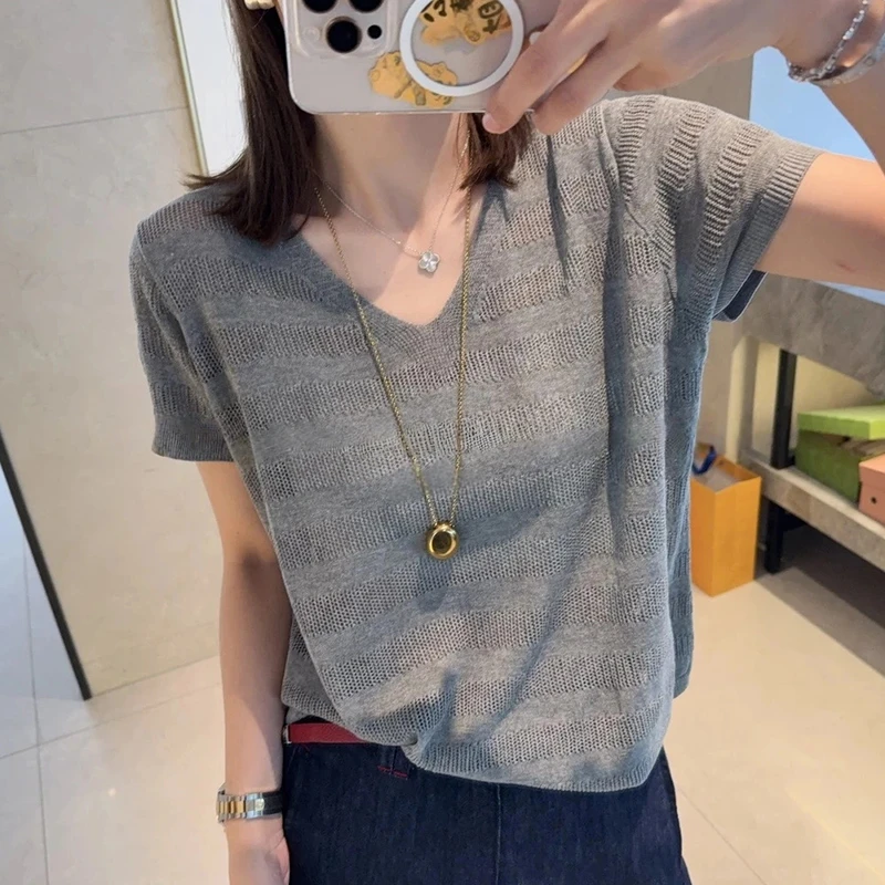 小众法式镂空设计感短袖针织衫女2025年夏季新款潮流时尚百搭上衣