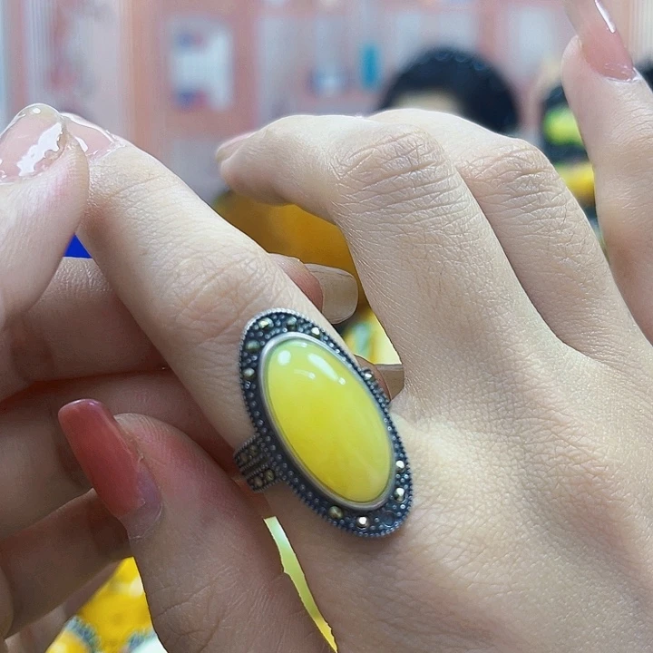 琥珀银S925镶嵌颈饰戒指