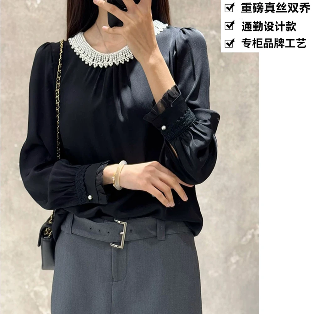 重磅真丝双乔法式轻奢重工串珠圆领桑蚕丝衬衫上衣ZKB70