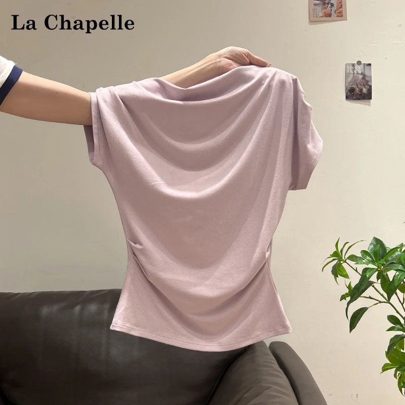 拉夏贝尔斜肩褶皱性感一字肩短袖T恤女夏季新款掐腰露肩短款上衣