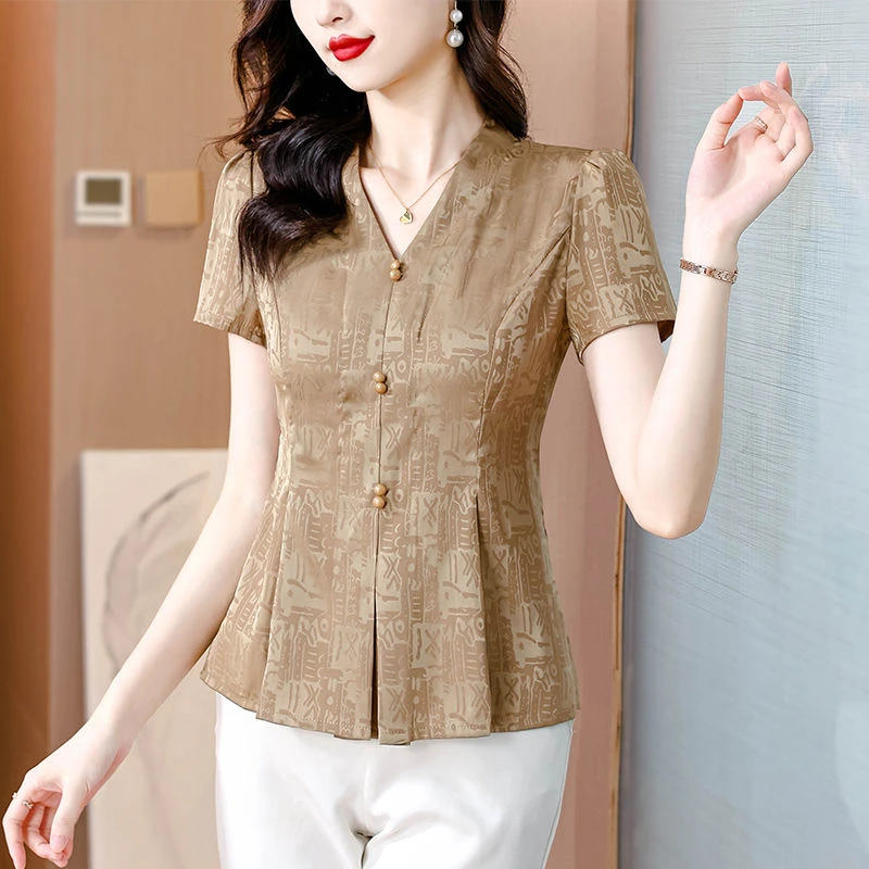 夏季新款短袖衬衫女洋气妈妈小衫收腰显瘦遮肚提花上衣