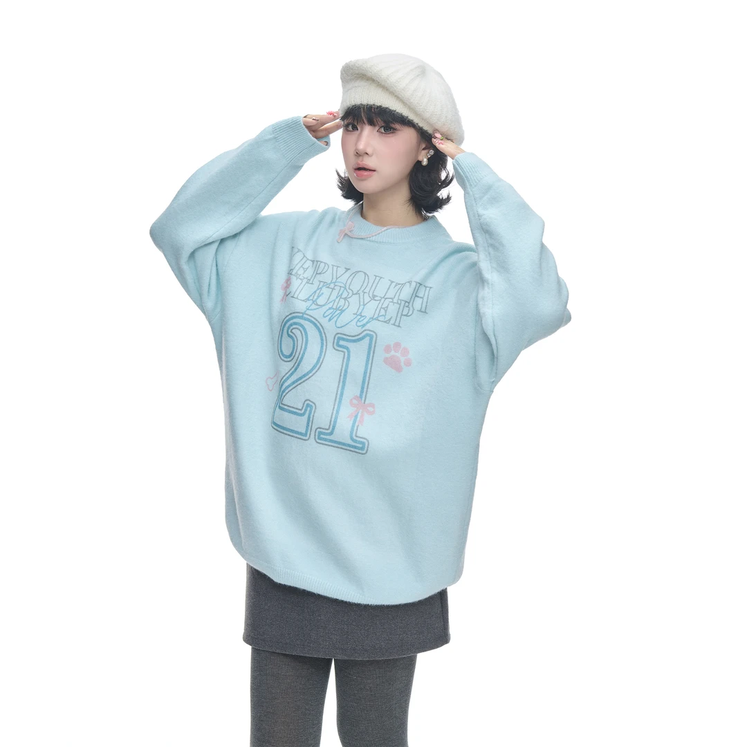 美式潮牌创意印花圆领毛衣女秋冬季新款宽松情侣款套头针织衫上衣