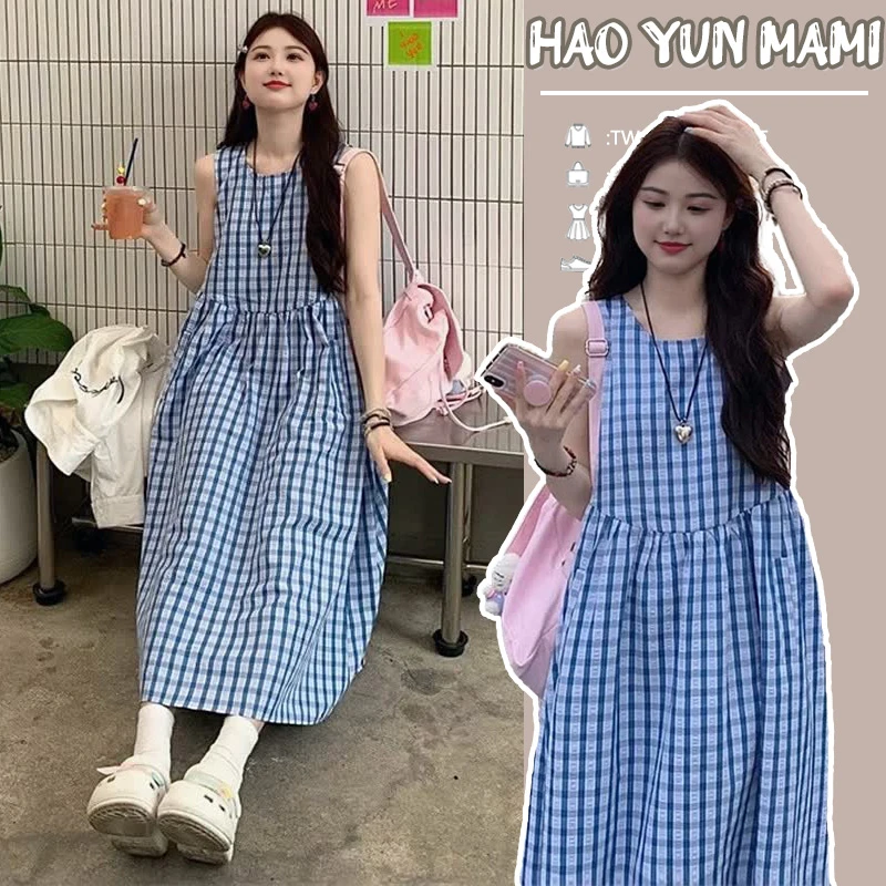 孕妇装2025夏装新款法式茶歇裙宽松小个子时尚格子无袖孕妇连衣裙