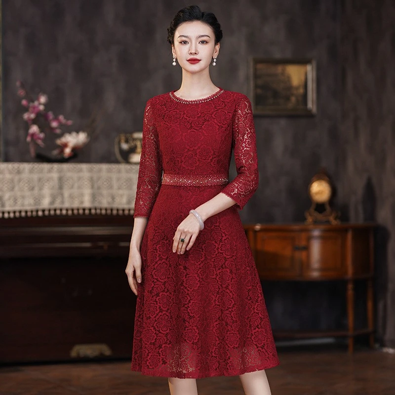 新娘结婚小个子妈妈装婚礼服蕾丝连衣裙秋季时尚洋气喜婆婆蕾丝裙