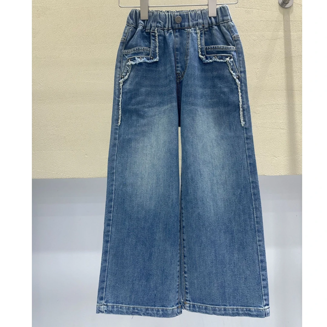 童装女童直筒牛仔裤时髦毛边宽松阔腿长裤2025款中大童春秋裤子