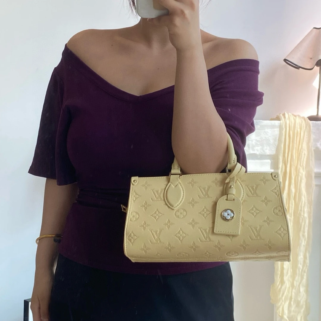95新 LouisVuitton/路易威登 lv奶黄老花横版托特手拿斜挎链条包