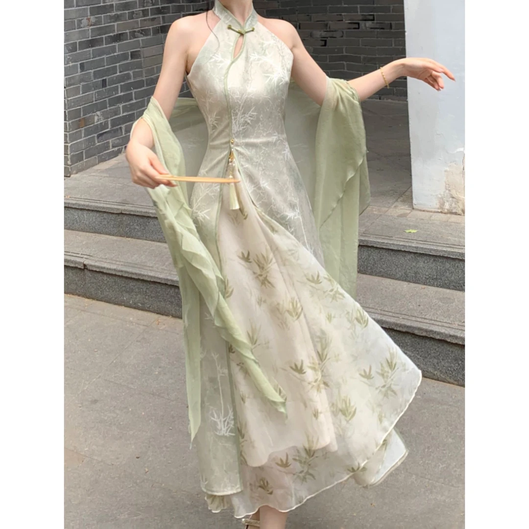 斜襟印花无袖纯色提花低开衩旗袍夏季复古东方洛可可