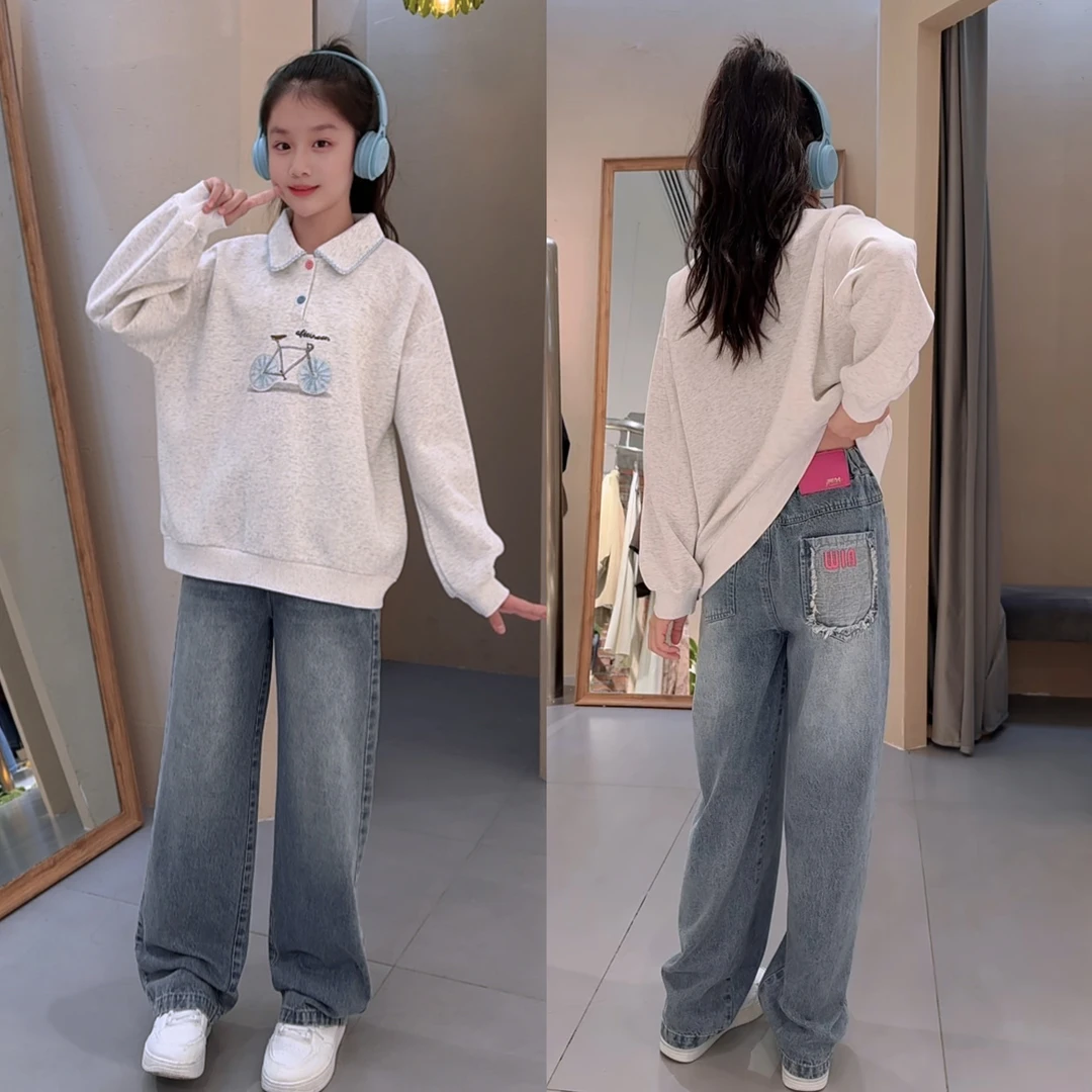 女童卫衣秋季2025新款中大童学生春秋洋气宽儿童翻领长袖烫钻上衣