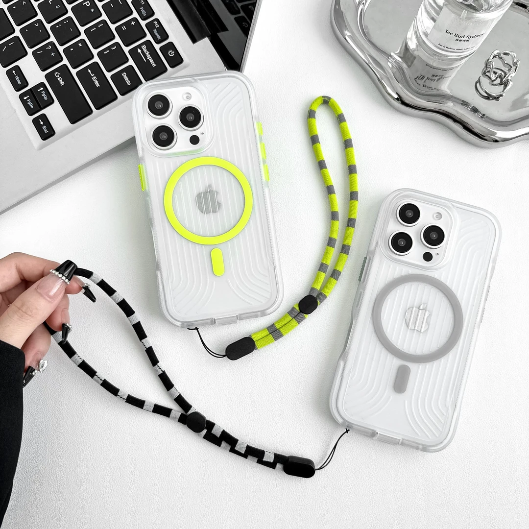 条纹透明肤感手绳适用苹果16promax磁吸手机壳适用15全包14防摔13