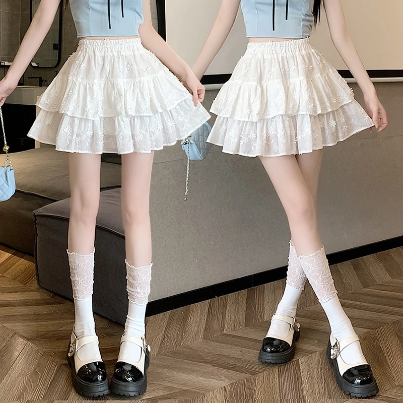 立体浮雕小花朵半身裙2025年夏法式甜美高腰刺绣短裙双层裙蓬蓬裙