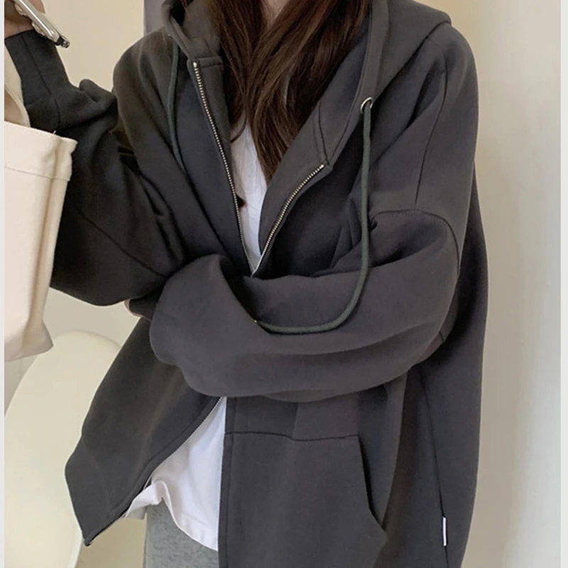 秋上新琥珀流光慵懒风女黑色拉链连帽潮ins厚款休闲宽松秋冬卫衣