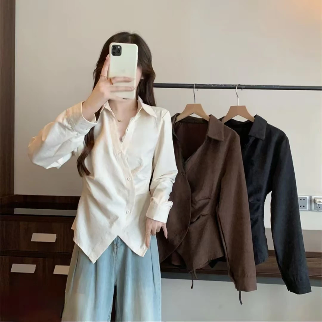 大码女装2025春季新款时尚休闲花边不规则长袖衬衫韩系收腰上衣女