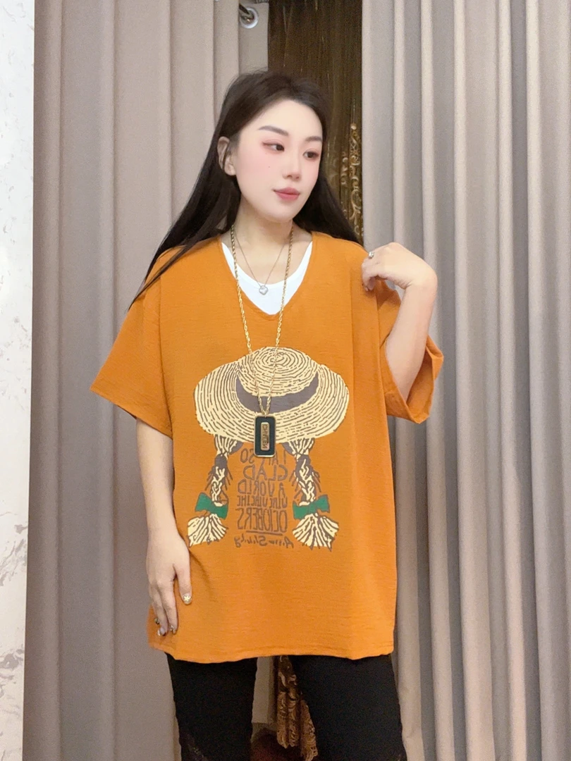 2025夏季新款半袖T恤小草帽印花时尚休闲百搭宽松潮流大码