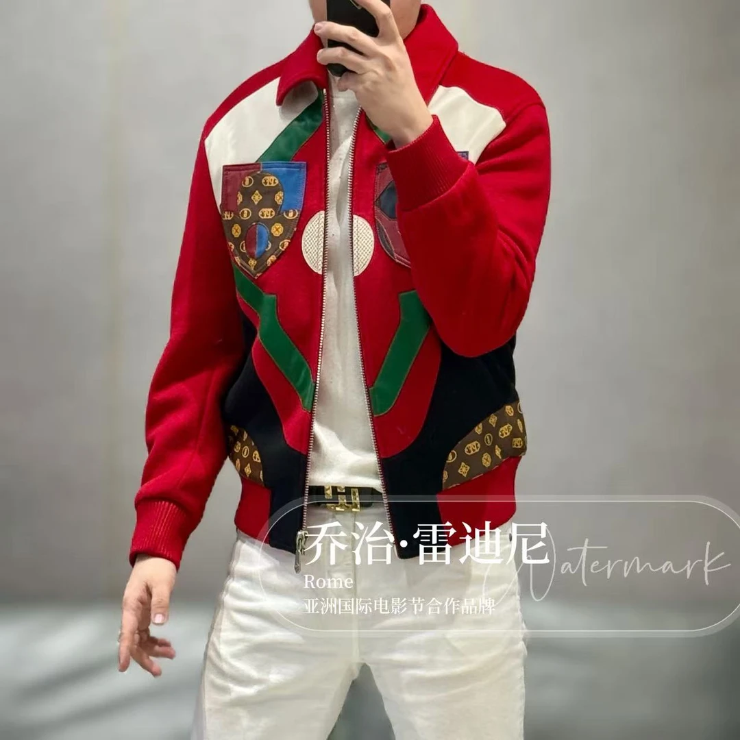 【乔治雷迪尼】高端定制全手工立体裁剪真皮拼接羊毛夹克257084