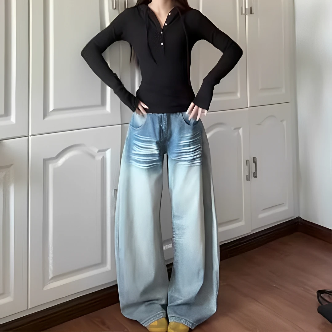 美式慵懒简约浅蓝色高个子牛仔裤2025秋季显瘦宽松阔腿垂感直筒裤