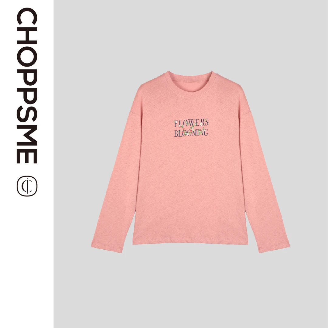 巧珀思｜21401亚麻棉字母开花印花轻薄透气落肩袖宽松圆领长袖T恤