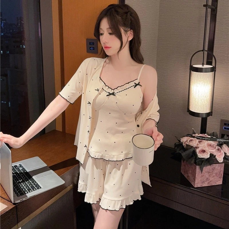 FUYU睡衣2025新款睡衣女夏季莫代尔棉舒适可外穿短袖短裤吊带三件